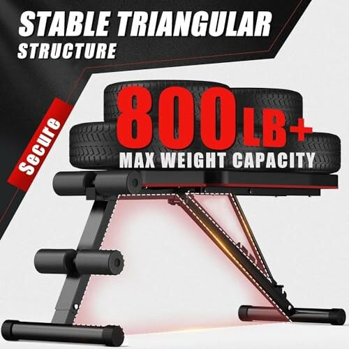 Adjustable weight bench with 800 lb max capacity and stable triangular structure.