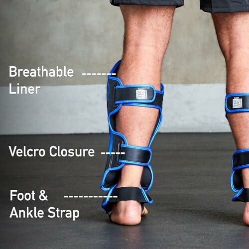 Person wearing ankle support brace with breathable liner and velcro closure.