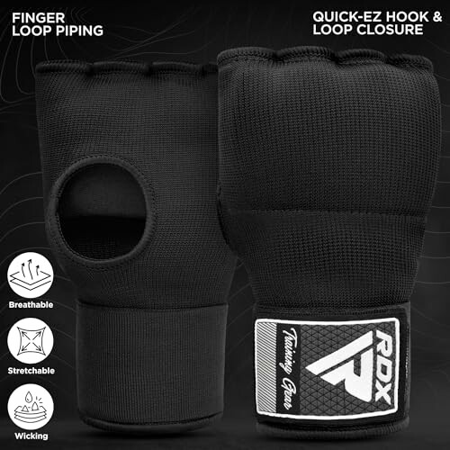 Black boxing inner gloves with finger loop and hook closure.