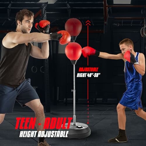 Man and boy practicing boxing with height adjustable punching bag.