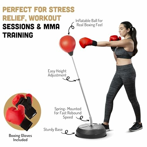 Woman using a punching ball with boxing gloves, ideal for stress relief and MMA training.