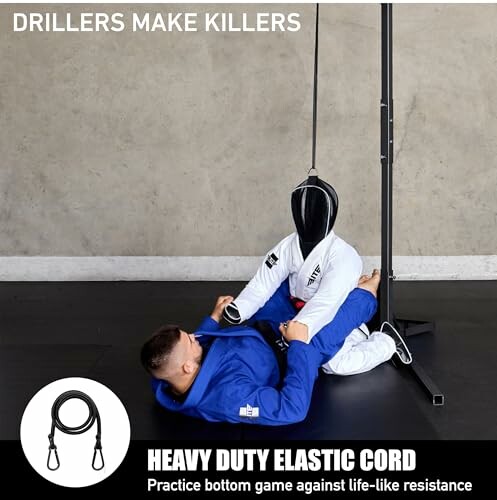 Man practicing Brazilian Jiu-Jitsu with heavy duty elastic cord dummy.