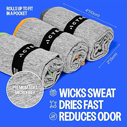 Three rolled microfiber towels with features: compact size, premium soft microfiber, wicks sweat, dries fast, reduces odor.