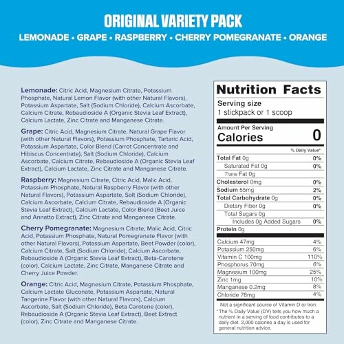 Original variety pack with lemonade, grape, raspberry, cherry pomegranate, orange flavors.