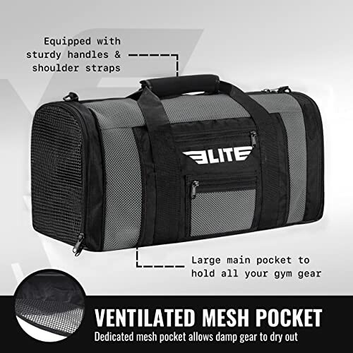 Elite gym bag with sturdy handles, shoulder straps, large main pocket, and ventilated mesh pocket