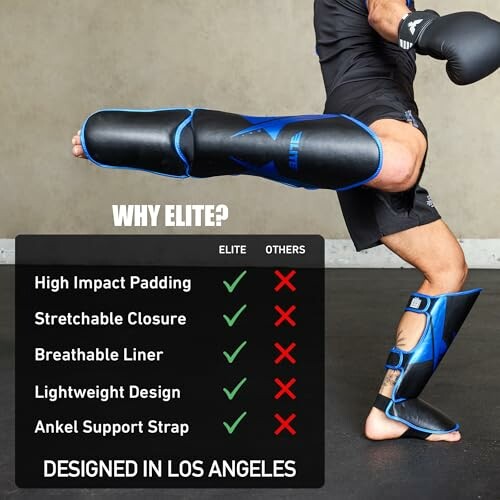 Person wearing Elite shin guards demonstrating a kick with comparison chart.