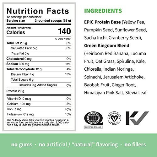 Nutrition facts and ingredients of Epic protein powder.