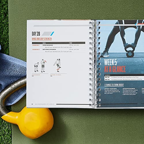 Open fitness journal on a mat with a kettlebell and towel.