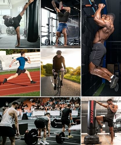 Collage of people engaged in various fitness activities like stretching, handstands, cycling, sprinting, weightlifting, and boxing.