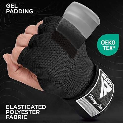 Black training glove with gel padding and Oeko-Tex certification.