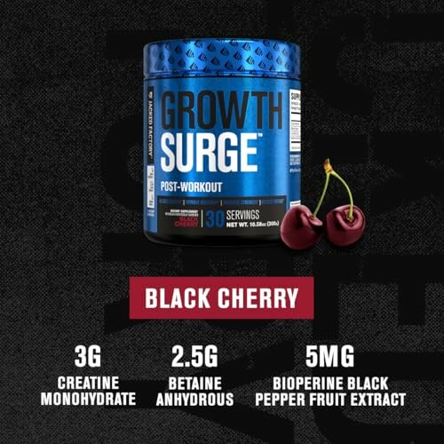 Growth Surge post-workout supplement in black cherry flavor with cherries and key ingredients listed.