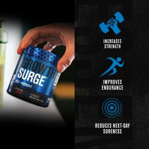 Hand holding Growth Surge post-workout supplement with benefits listed.