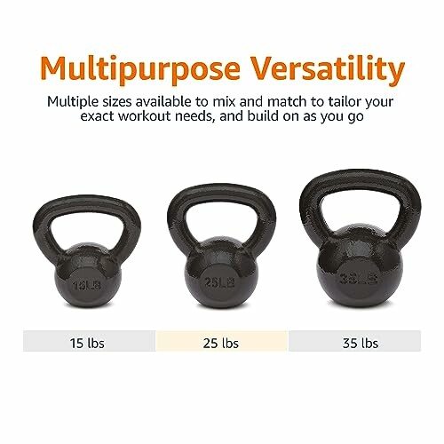 Set of three kettlebells in different weights: 15 lbs, 25 lbs, and 35 lbs.