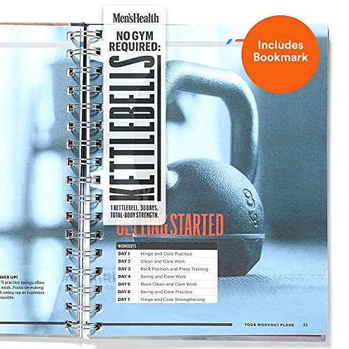 Men's Health kettlebell workout plan with bookmark included.