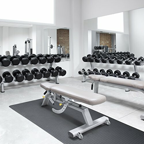 Modern gym with dumbbells and benches in front of mirrors.