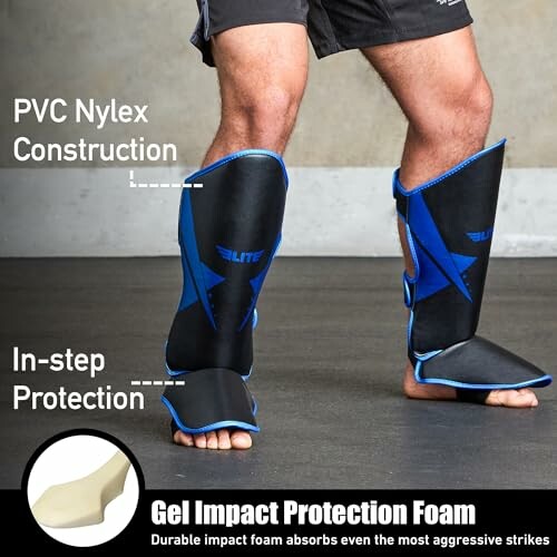 Person wearing black and blue shin guards with gel impact protection foam.