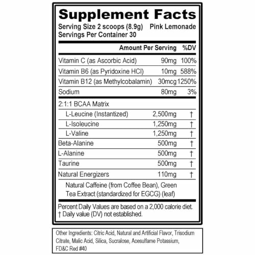 Supplement facts label for a pink lemonade flavored product, detailing vitamins, BCAA matrix, beta-alanine, taurine, and caffeine content.