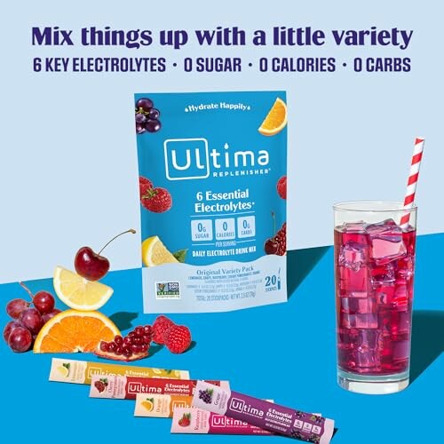 Ultima Replenisher electrolyte drink mix with fruit and drink.