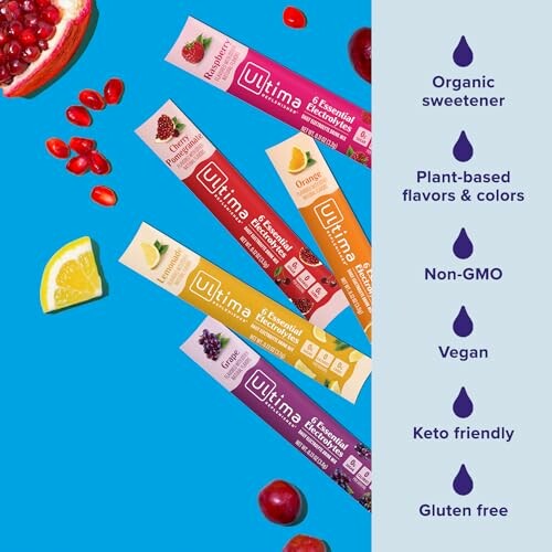 Ultima Replenisher electrolyte sticks with fruit and health benefits listed.